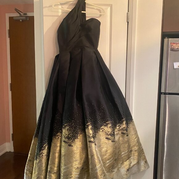 Terani Couture: Black with Gold Ombre evening gown - One Shoulder Dramatic Neck - Picture 3 of 7